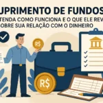 Ilustração sobre suprimento de fundos no serviço público, com homem segurando moeda e documento, ao lado de pasta executiva, checklist e símbolos financeiros. Ilustração conceitual sobre suprimento de fundos no serviço público, destacando planejamento, prestação de contas e controle financeiro.