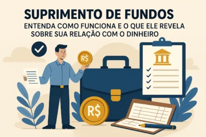 Ilustração sobre suprimento de fundos no serviço público, com homem segurando moeda e documento, ao lado de pasta executiva, checklist e símbolos financeiros. Ilustração conceitual sobre suprimento de fundos no serviço público, destacando planejamento, prestação de contas e controle financeiro.