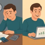 Homem em duas situações: endividado e investindo