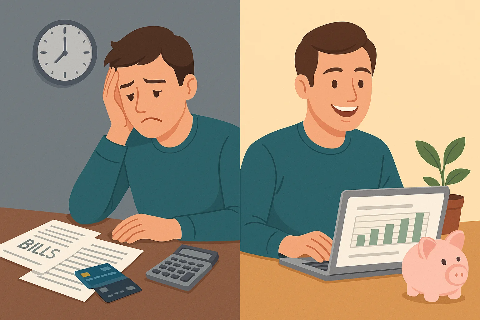 Homem em duas situações: endividado e investindo
